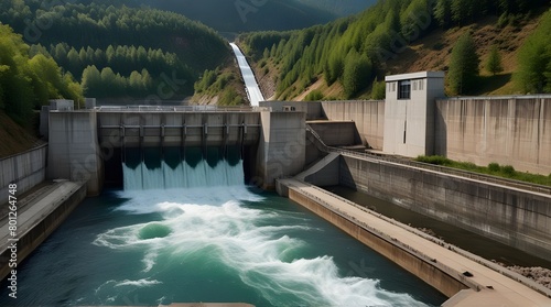 Hydropower plant with turbines and water spills for generating green electricity.generative.ai