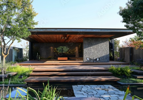 Modern Backyard Pavilion With Large Deck and Stone Wall