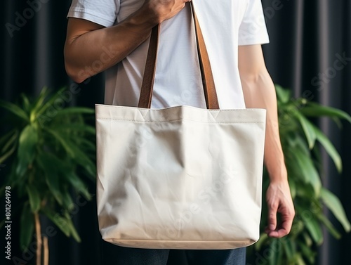 man holding an eco tote bag