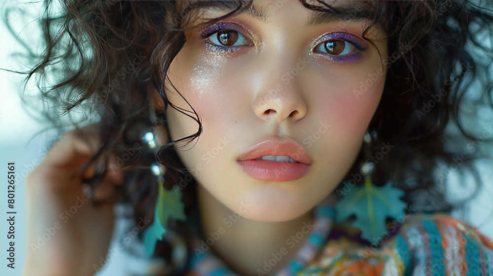 Cclose-up of a Asian woman with curly hair and colorful makeup, including purple eyeshadow. She's wearing a colorful shirt and large earrings
