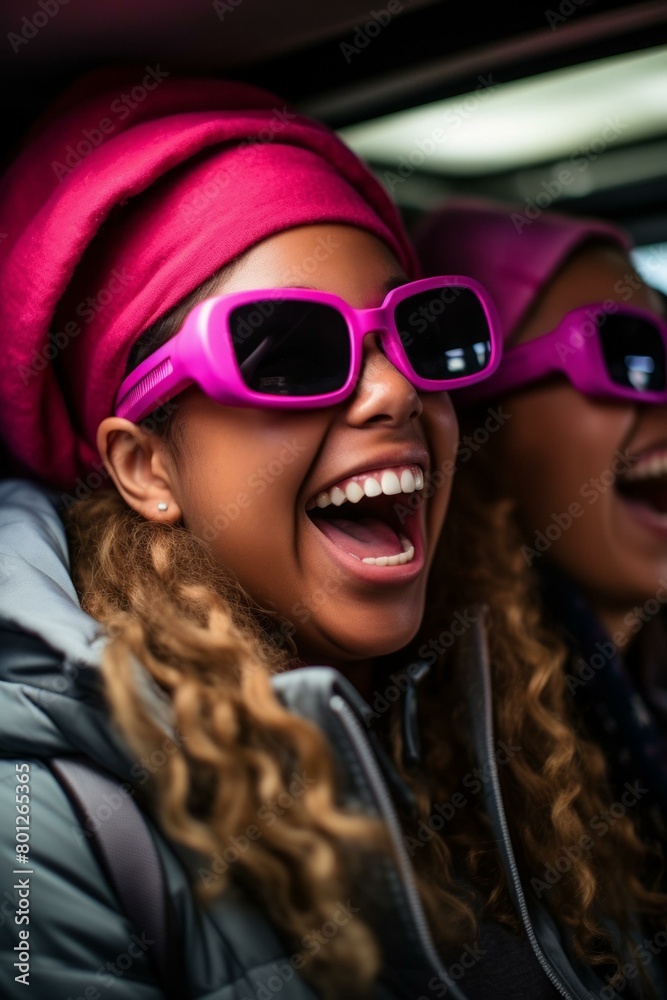 Two young women wearing pink sunglasses are laughing.
