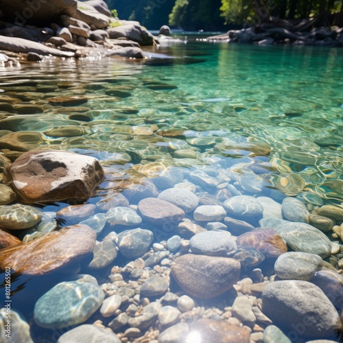 clear river water with smooth polished rocks on sunny day