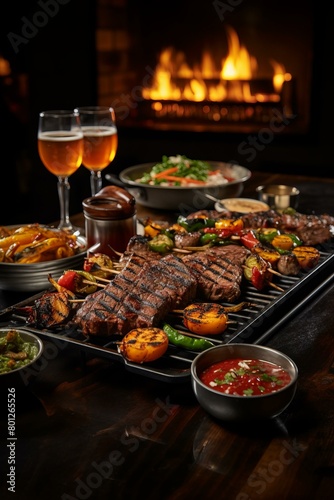 A delicious and healthy meal of grilled steak, vegetables, and fruit