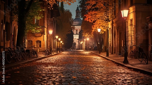 A cobblestone street in an old European city at night