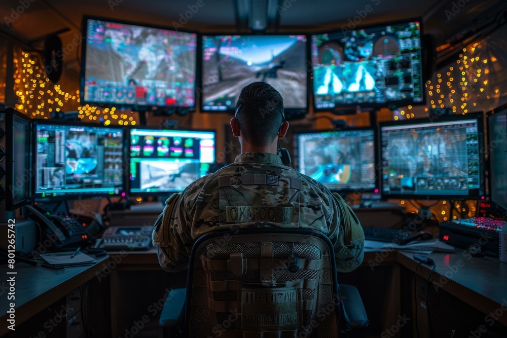 Fototapeta premium Soldier monitors multiple computer screens in a dark room