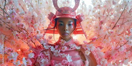 A photo of a young woman wearing a pink samurai helmet and armor, standing in a field of cherry blossoms.