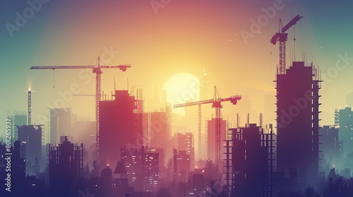 Urban Construction Landscape, Ideal for architectural firms, construction companies, and real estate agencies. Background depicts modern buildings and construction cranes against the urban sky.