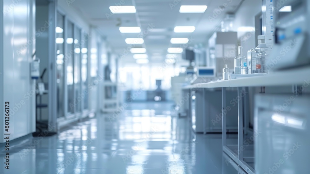 Obraz premium Modern Hospital Corridor with Bright Lighting and Medical Equipment
