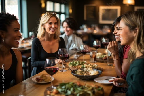 Four multiethnic women enjoying a meal together at a restaurant