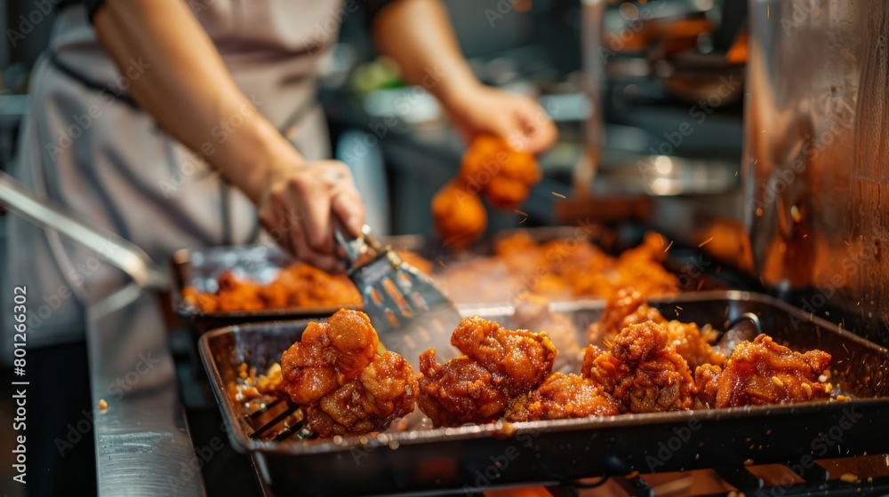 A chef preparing Thai-style fried chicken in a commercial kitchen, seasoning the chicken with aromatic spices before frying to perfection.