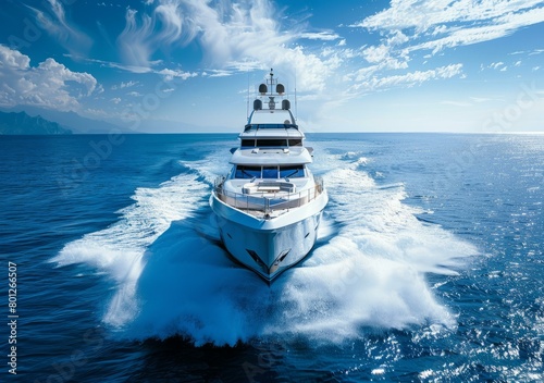 A large white yacht is moving at high speed on the open ocean photo