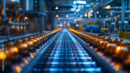 Bottling plant production line with conveyor belt close up