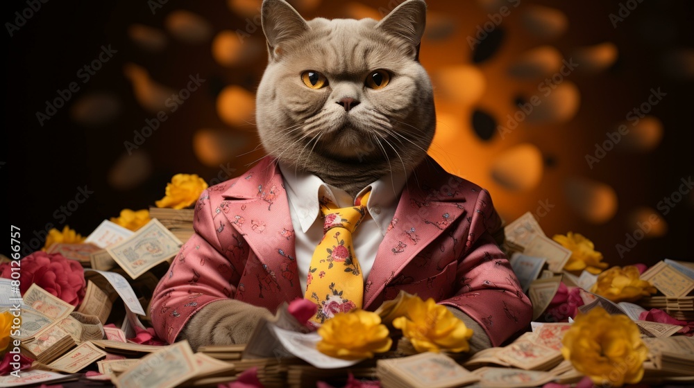British shorthair cat wearing suit and tie sits on pile of money Stock ...