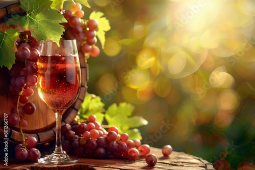 Glass of wine accompanied by grapes and a barrel  set against a sunny backdrop