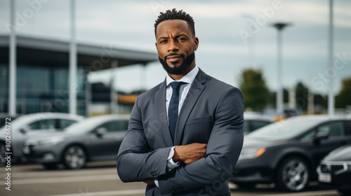 Portrait of a successful African American businessman standing in a car dealership with his arms crossed © duyina1990