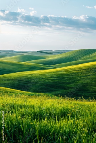 Green rolling hills of wheat field under blue sky