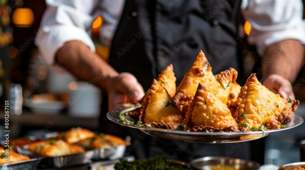 Naklejka premium A chef proudly presenting a platter of gourmet samosas at a culinary event, showcasing the versatility and creativity of Indian cuisine to food enthusiasts.