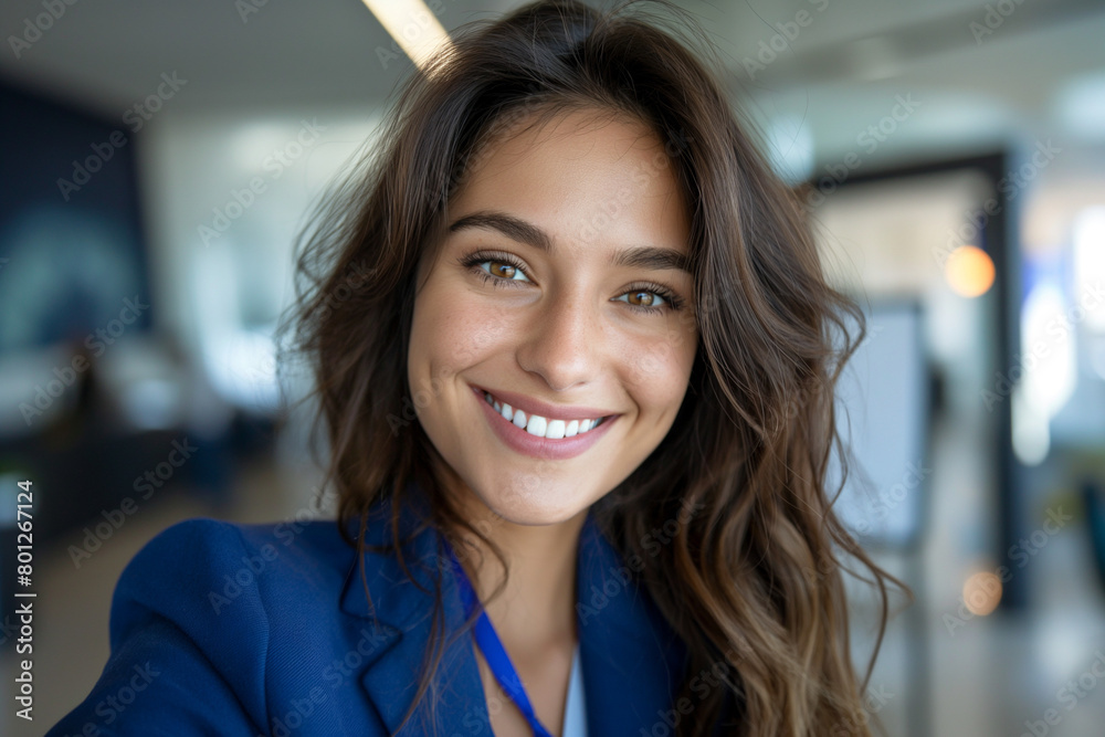 Smiling businesswoman taking a selfie in the office Smiling businesswoman taking a selfie in the office