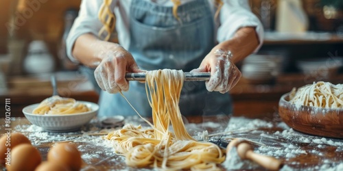 A woman makes fresh pasta in the kitchen photo