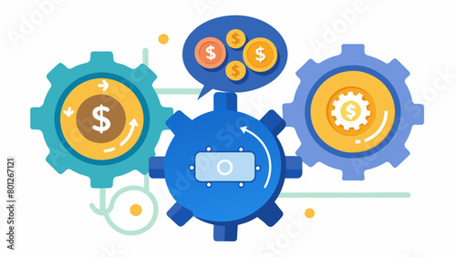 A savings account depicted as a large gear with smaller gears labeled weekly monthly and yearly turning and depositing money into it.