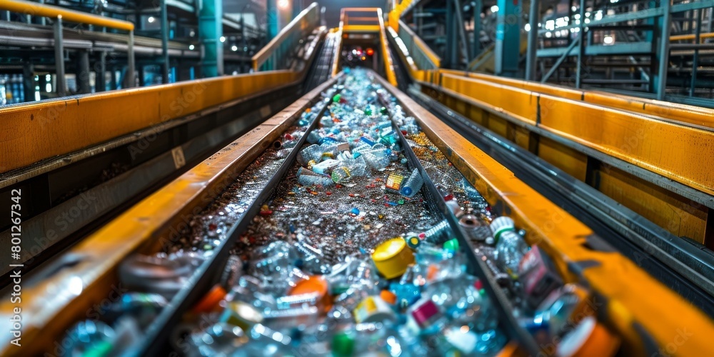 factory production line with conveyor belt full of plastic bottles for recycling
