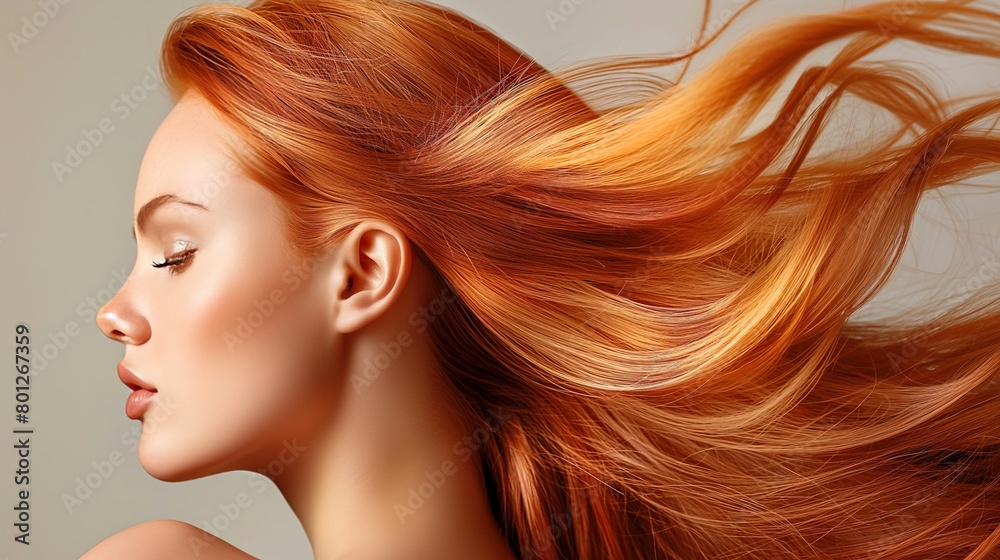 A beauty woman with long, flowing red hair and a bare shoulder. Perfect well-groomed and silky hair for advertising hair products, beauty cosmetics salon industry