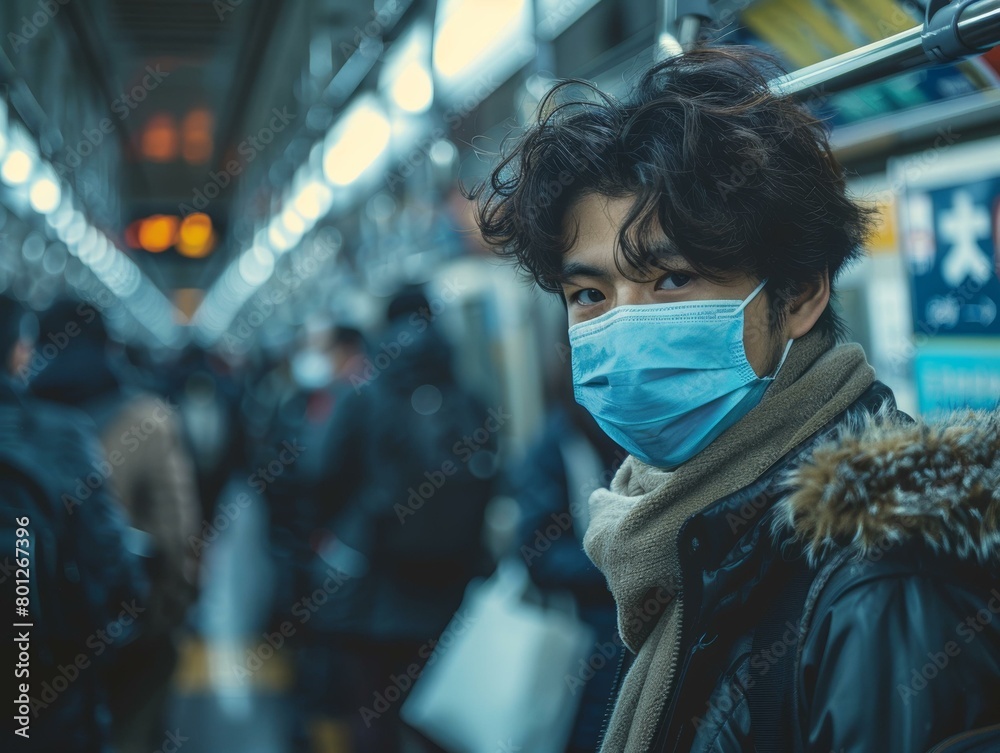 Obraz premium Portrait of a young man wearing a mask on a crowded train