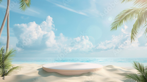 Beach podium on the white beach sand and bluesky for product display cosmetic mockup photo