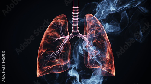 Human lung burning with smoke result of smoking cigarettes damage color X-ray black background