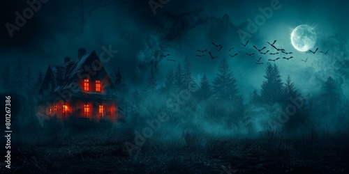 Haunted house in the middle of a dark forest with a full moon and bats flying around photo
