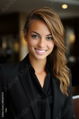 Beautiful young woman with brown hair and green eyes wearing a black suit © duyina1990