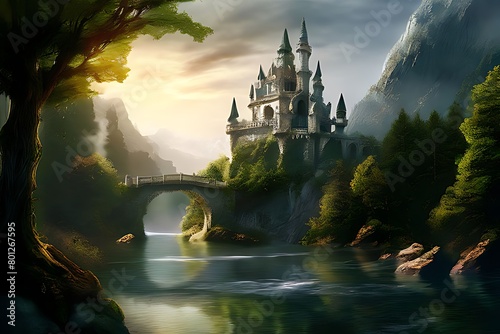 Enchanted Castle Floating over Serene Lake in Mystical Forest, Digital illustration Magical Land Of Enchanted Forests, Castle, Sparkling Waterfalls And Lush Meadows, Lake And Fairy Tail.