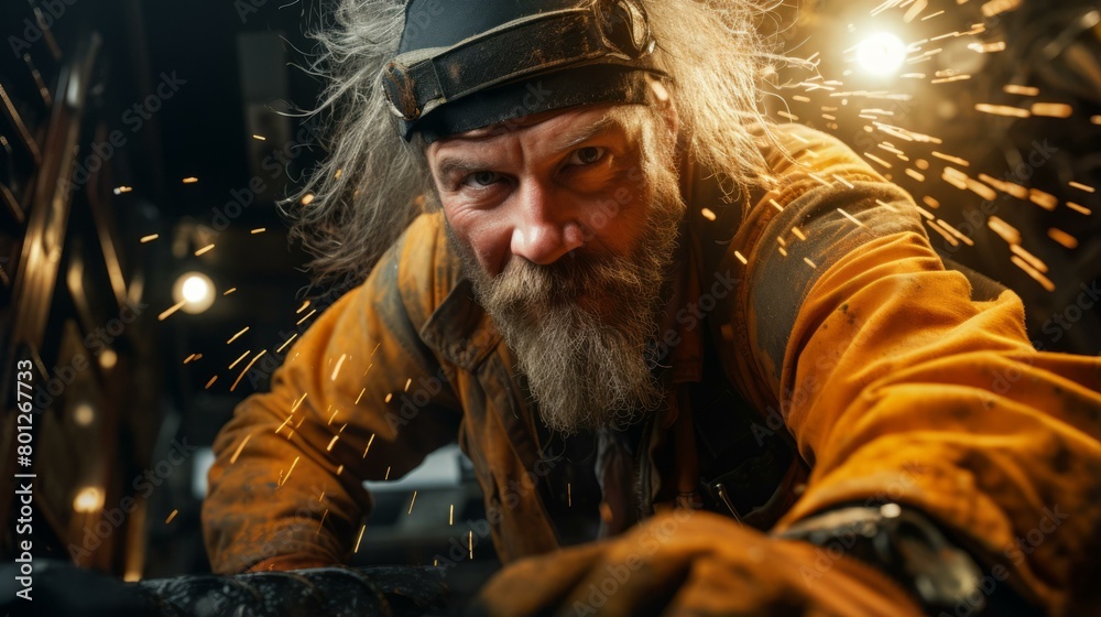 Welding sparks from a bearded man wearing a protective welding mask and cap Welding sparks from a bearded man wearing a protective welding mask and cap