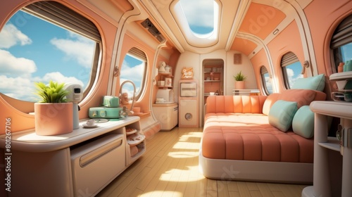 Cozy pink futuristic living room interior concept art