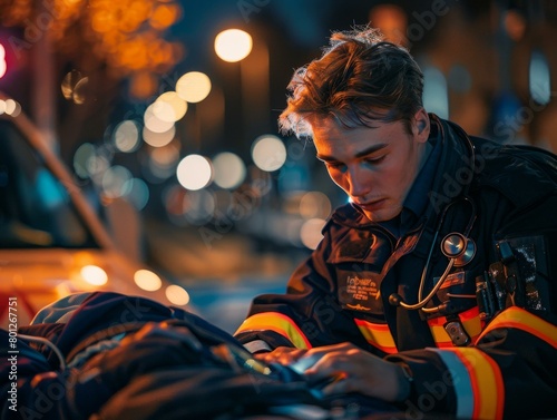 Young male paramedic checking a patient's vital signs