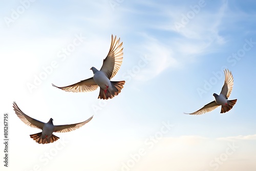collage free flying white dove isolated on a sky background white doves in the sky. © Ameer
