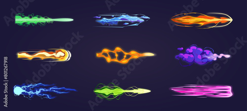 Vfx gun effect. Space weapon shot, blaster, laser, beam gun, plasma beams, lightning, smoke, raygun. Light visual effects. Colorful energy shot effects. 2D video game. Vector cartoon illustration.