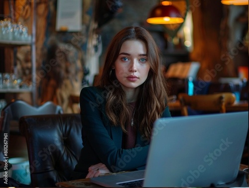 Stunning high-resolution photographs of a stylish young woman sitting in a cafe with a laptop and coffee convey emotion. Business © Iulia