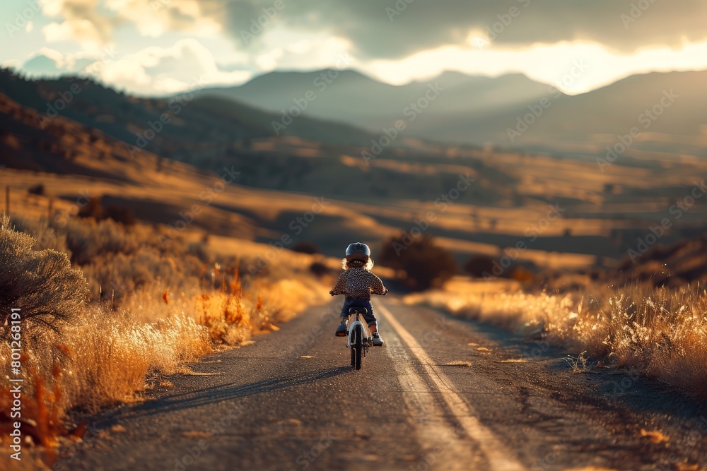 Joyful child biking down a picturesque path. Joyful child biking down a picturesque path.