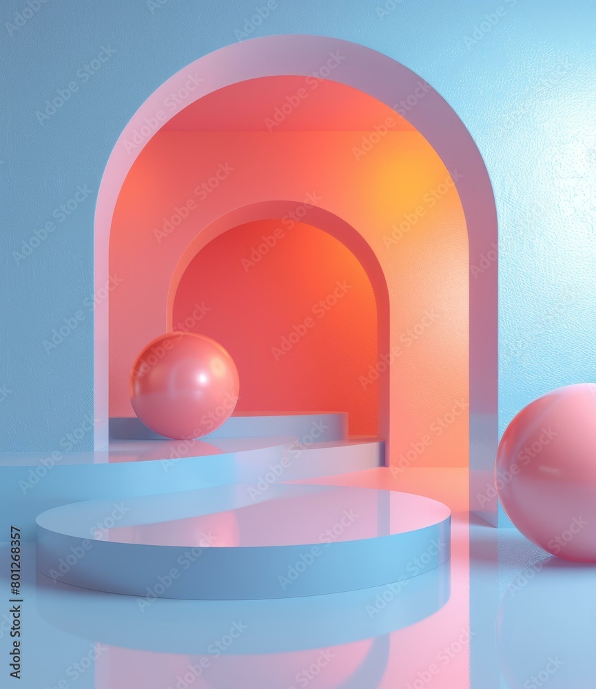 3D rendering of a blue and pink abstract geometric background with a podium and spheres 3D rendering of a blue and pink abstract geometric background with a podium and spheres