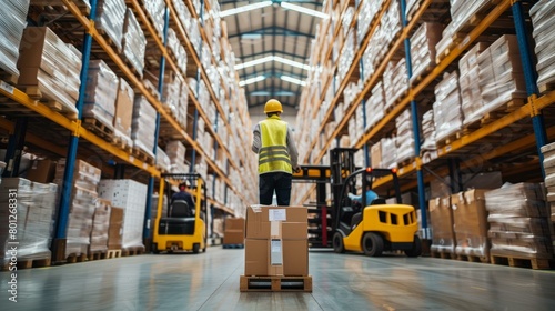 Warehouse worker standing on a pallet amidst tall shelves and forklifts
