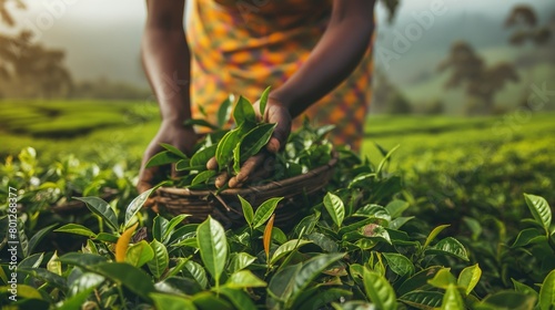 Hands African woman collects at a tea plantation pickers tea leaves, hard work. Low paid job photo