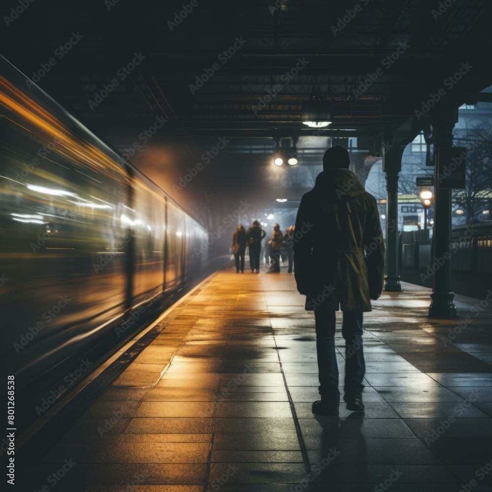 Man in a long coat standing on a train platform at night with blurred train in the background