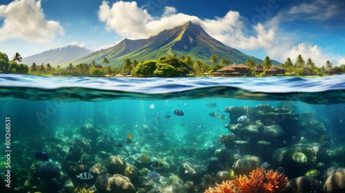 Amazing split view of tropical beach and coral reef with fishes