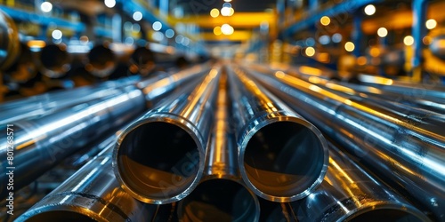 Bundles of shiny steel pipes in a warehouse