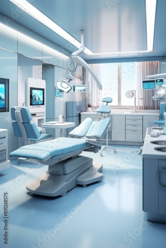 The interior of a modern dental clinic with a patient chair  dental tools  and a large window
