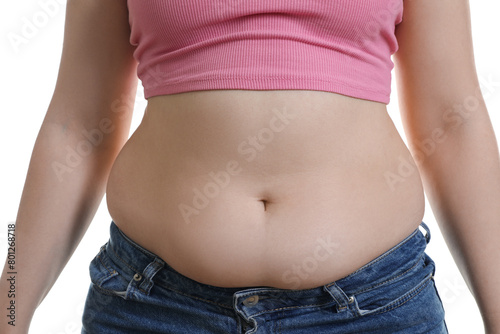Woman with excessive belly fat on white background, closeup. Overweight problem © New Africa
