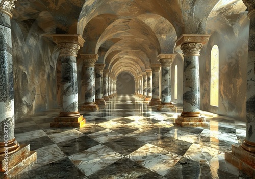 A long marble hallway with columns