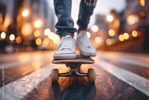 Close up shot of a young man skateboarding in the vibrant urban city environment