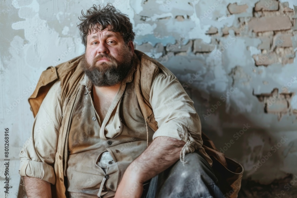 Obraz premium Solemn Bearded Man Sitting on the Street Surrounded by Urban Decay